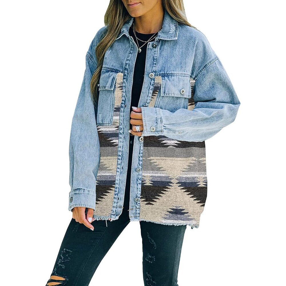 Women's Grey&beige Denim Jacket Distressed Lapel Long Sleeve Vintage Button